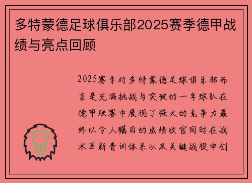 多特蒙德足球俱乐部2025赛季德甲战绩与亮点回顾